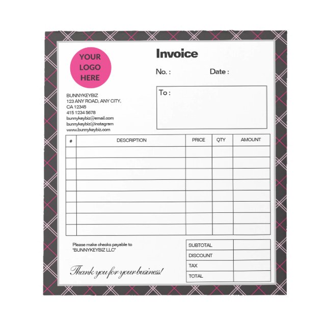 Bloco De Notas Fatura da Loja Comercial Empresa Black Pink Plaid  (Frente)