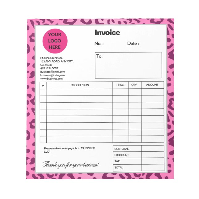 Bloco De Notas Fatura de Impressão Leopardo Rosa na moda (Frente)