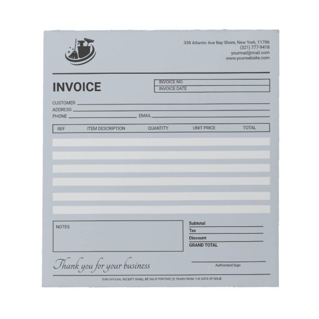 Bloco De Notas Fatura / Recibo do Serviço de Limpeza Elegante (Frente)