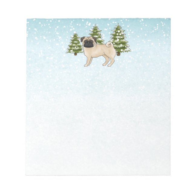 Bloco De Notas Fawn Pug Cute Cartoon Dog Snowy Winter Forest (Frente)