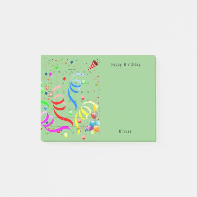 Bloco De Notas Feliz Aniversário, março de 2022 Notas de Posto (Frente)