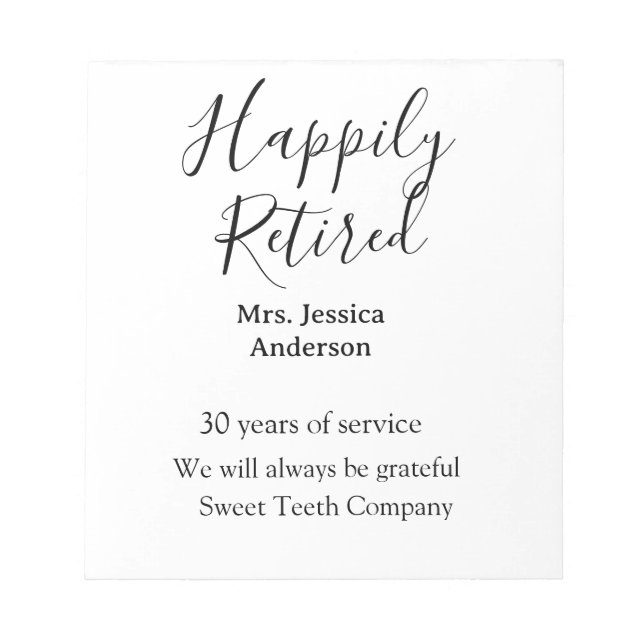 Bloco De Notas Feliz aposentadoria adicionar nome anos de serviço (Frente)