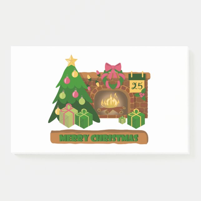 Bloco De Notas Feliz Natal perto da árvore de Natal de lareira bo (Frente)