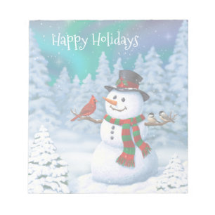 Bloco De Notas Feliz Natal Snowman e Birds Cena de Inverno
