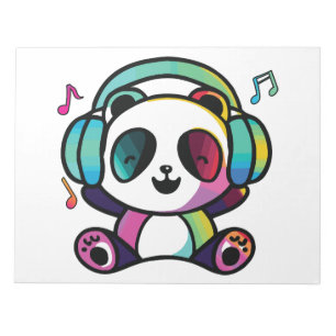 Bloco De Notas Feliz Panda com fones de ouvido ouvindo música.