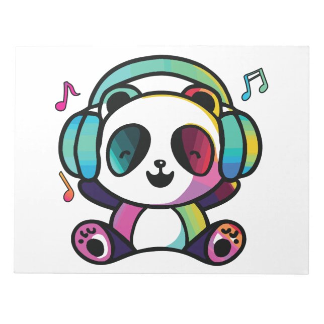 Bloco De Notas Feliz Panda com fones de ouvido ouvindo música. (Frente)