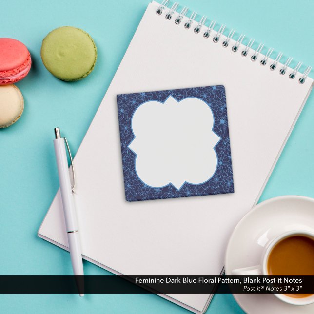 Bloco De Notas Feminine Dark Blue Floral Pattern, Blank (Feminine Dark Blue Floral Pattern, Blank Post-it Notes)