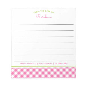 Bloco De Notas Feminino Rosa e Verde Xadrez com Linhas