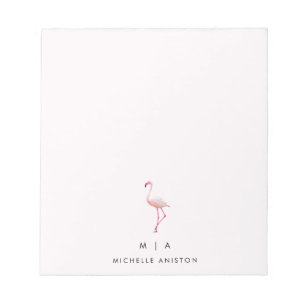 Bloco De Notas Flamingo Branco Rosa Elegante   Monograma personal
