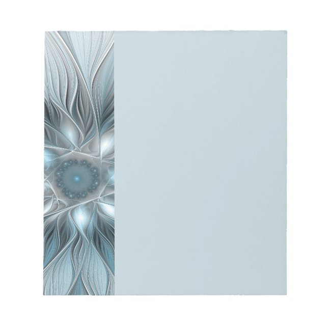 Bloco De Notas Flor Abstrata Alegre Azul Cinza Fractal Floral (Frente)
