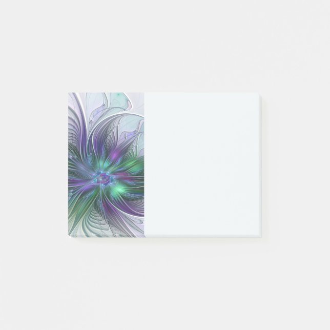 Bloco De Notas Flor de Arte Abstrata Fractal Moderna Verde Roxa (Frente)