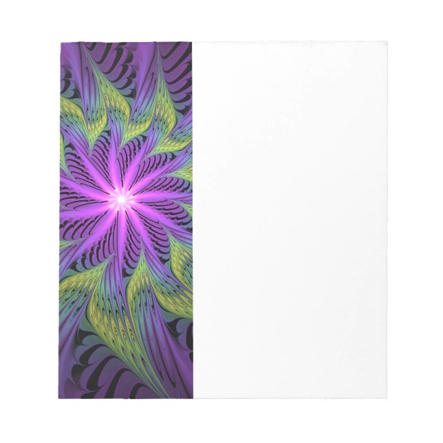 Bloco De Notas Flor de Arte Fractal Abstrato Moderno Roxo Verde (Frente)