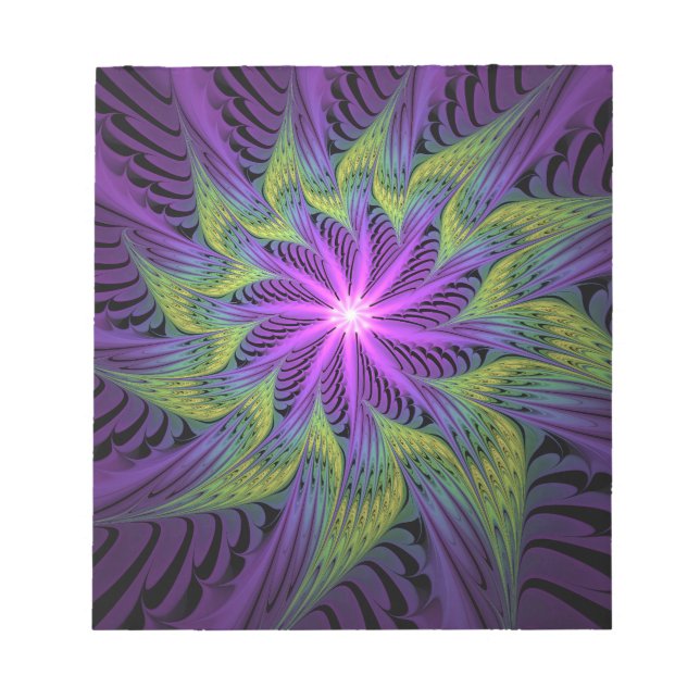 Bloco De Notas Flor de Arte Fractal Abstrato Moderno Roxo Verde (Frente)