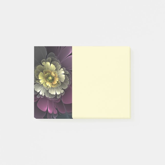 Bloco De Notas Flor de Fractal Abstrato Moderno Purpur Khaki Cinz (Frente)