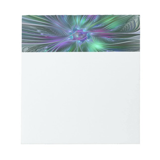 Bloco De Notas Flor Moderna Abstrata Fractal Verde Roxo (Frente)
