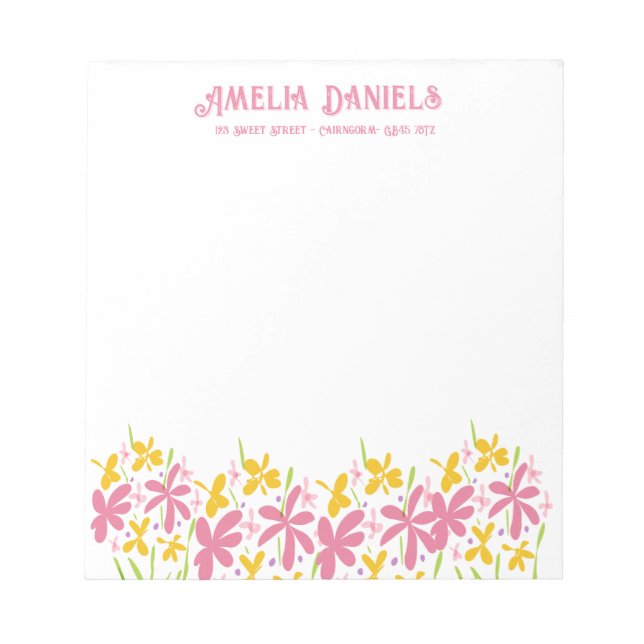Bloco De Notas Flor Silvestre Rosa e Amarela Personalizada (Frente)