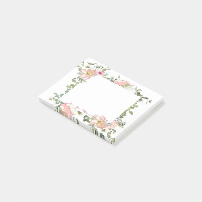 Bloco De Notas Flora personalizada em aquarela rosa (Inclinado)