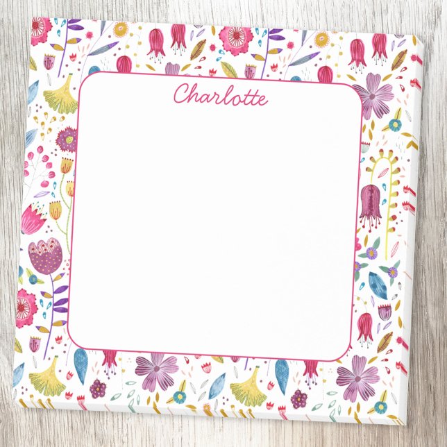 Bloco De Notas Florais Aquarela de Flores Silvestres Personalizad (Modern watercolor wildflower floral personalized custom name Post-it sticky notes)