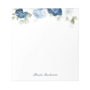 Bloco De Notas Floral Azul Elegante Moderno Personalizado