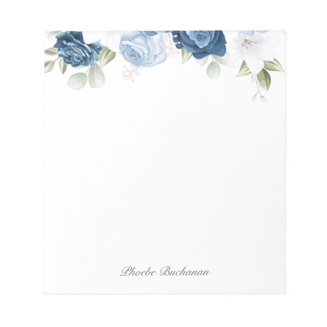 Bloco De Notas Floral Azul Elegante Moderno Personalizado (Frente)