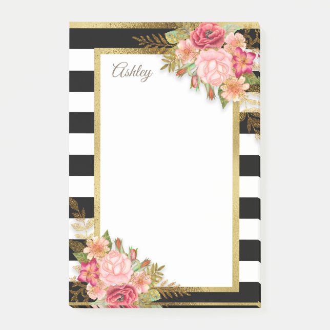 Bloco De Notas Floral Dourado Rosa Preto Personalizado (Frente)