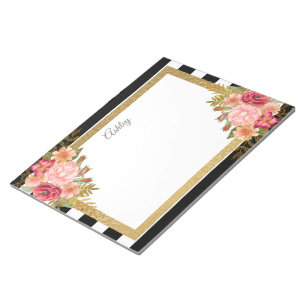 Bloco De Notas Floral Dourado Rosa Preto Personalizado