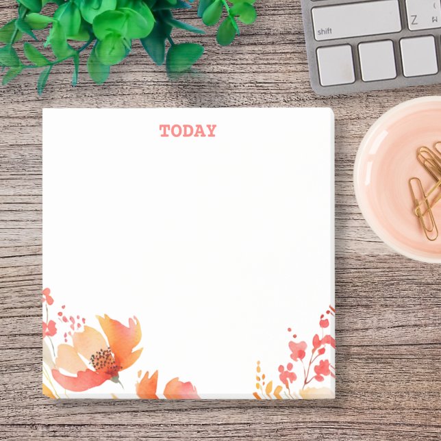 Bloco De Notas Floral em Aquarela Simples com Texto Personalizado (Pretty wildflowers customizable text Post It notes feature orange and pink details. )