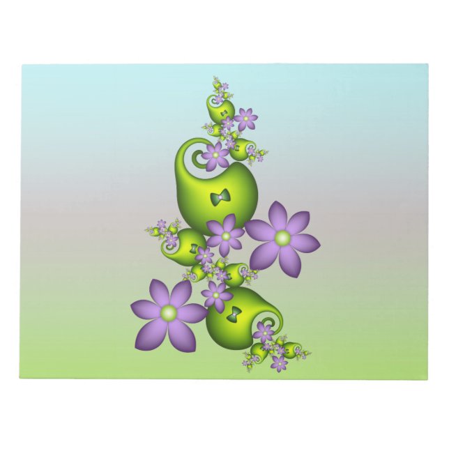 Bloco De Notas Floral Fantasy Lilac Flores Verde Formas Fractais (Frente)