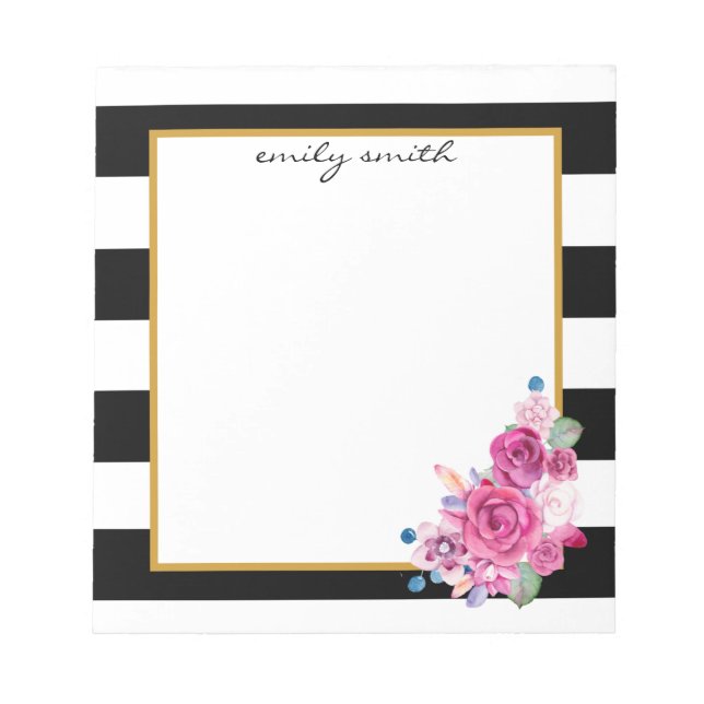 Bloco De Notas Floral Moderno de Black & White Stripe Personaliza (Frente)