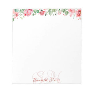 Bloco De Notas Floral Moderno Monograma Flores Nome Personalizado
