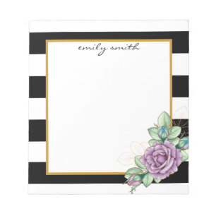 Bloco De Notas Floral Moderno Personalizado de Black & White Stri