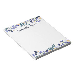 Bloco De Notas Floral Watercolor Blue Flowers Nome Personalizado