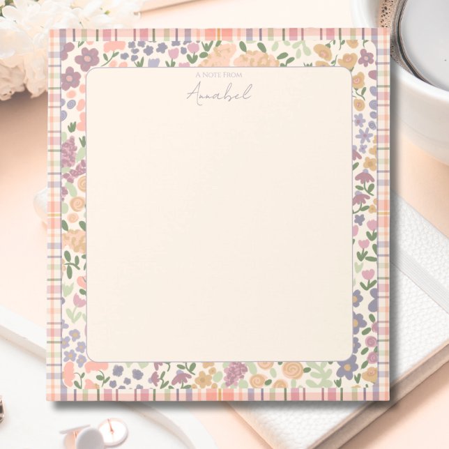 Bloco de Notas Floral Xadrez Pastel com Personaliz (Plaid Floral Personalized Notepad)