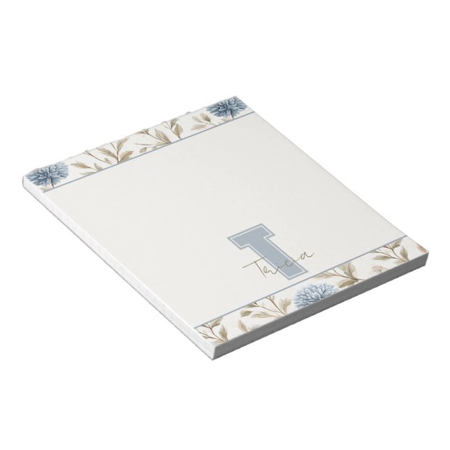 Bloco De Notas Flores Azuis Marrom Creme Monograma Nome Inicial (Inclinado)