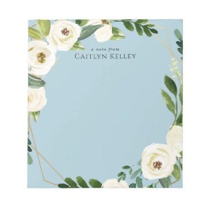 Bloco De Notas Flores Brancas De Aquarela, Azul Personalizado