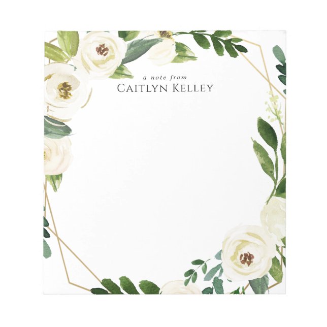 Bloco De Notas Flores Brancas De Aquarela, Quadro Dourado Persona (Frente)