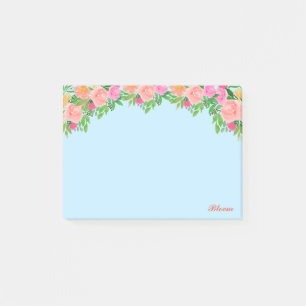 Bloco De Notas Flores cor-de-rosa e caligrafia em azul claro