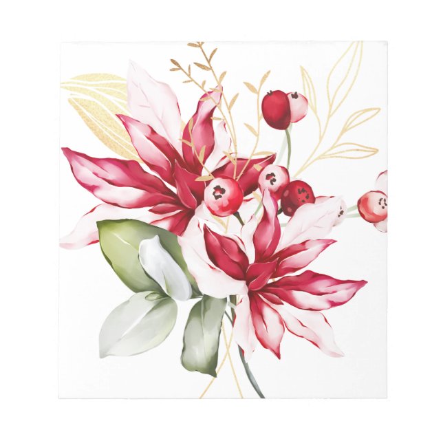 Bloco De Notas Flores de aguarela de poinsettia vermelha de féria (Frente)