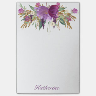 Bloco De Notas Flores de Aquarelas Roxas e Douradas