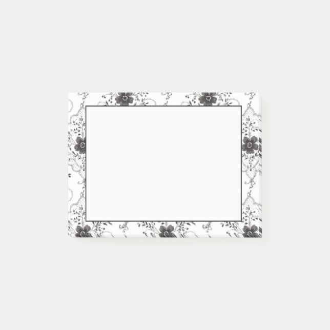 Bloco De Notas Flores de renda falsa preto e branco (Frente)
