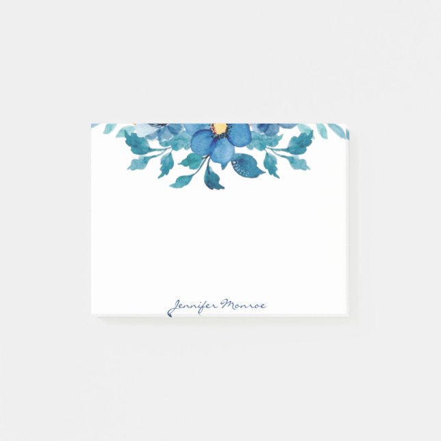 Bloco De Notas Flores em aquarela azul personalizadas (Frente)
