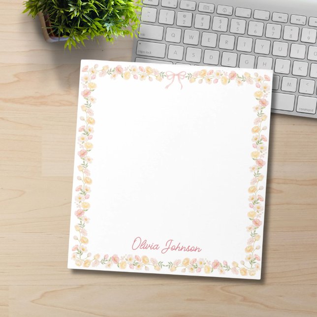 Bloco De Notas Flores Florais Amarelas e Rosas em Aquarela Monogr (Criador carregado)