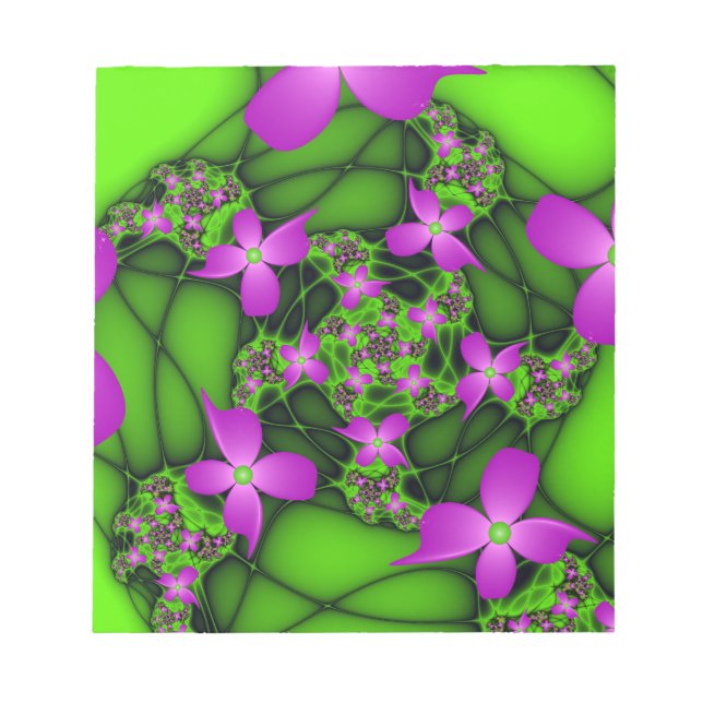 Bloco De Notas Flores Fractais Modernas Abstratas Rosa Verde Neon (Frente)