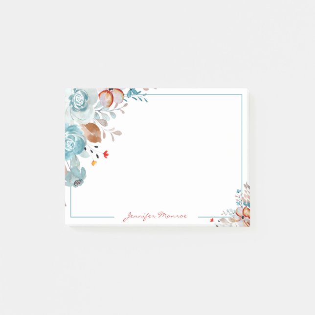 Bloco De Notas Flores personalizadas em aquarela azul e vermelho (Frente)