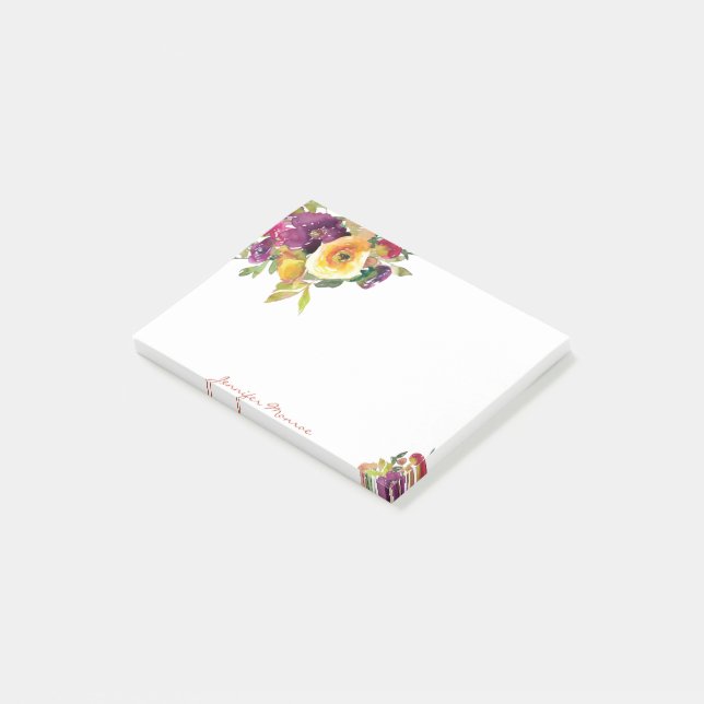 Bloco De Notas Flores personalizadas em aquarela laranja e roxo (Inclinado)