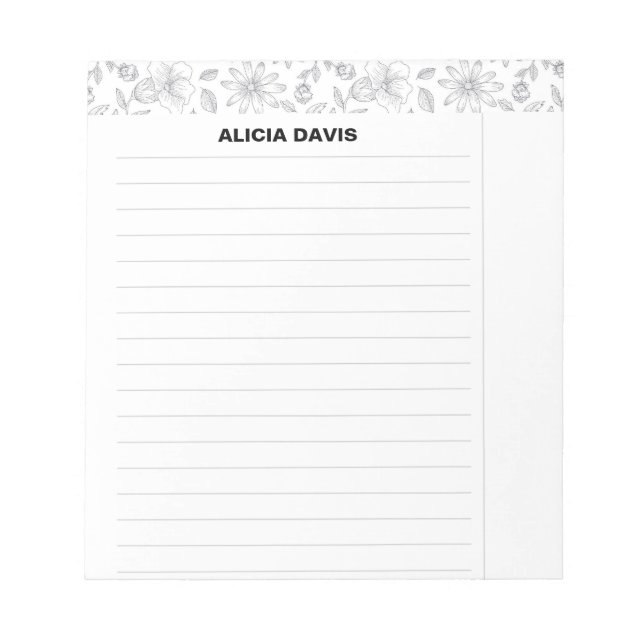 Bloco De Notas Flores Simples Elegantes Preto e Branco (Frente)