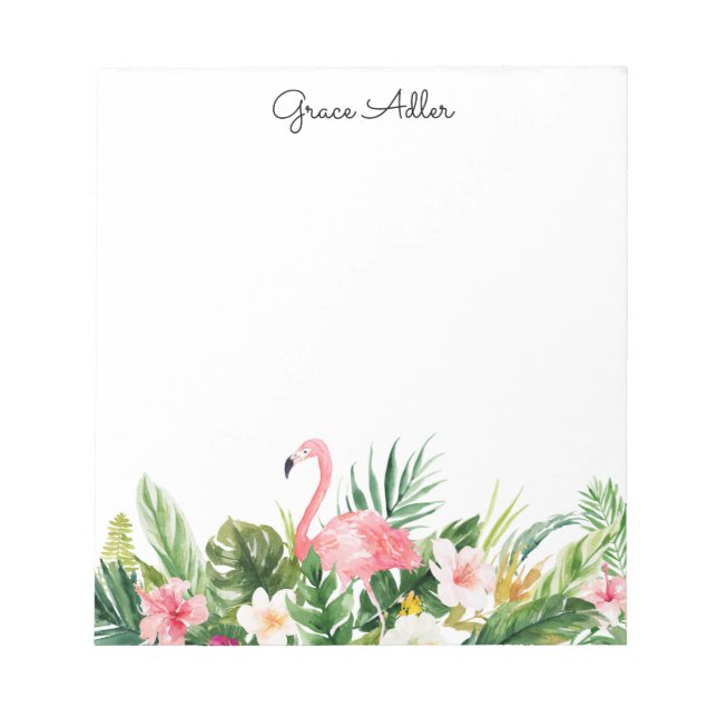 Bloco De Notas Flores Tropicais de Aquarela com Flamingo Notepad (Frente)