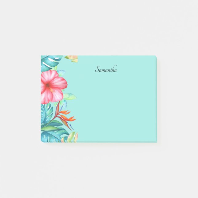 Bloco De Notas Flores Tropicais Personalizadas, Teal 4x3 (Frente)