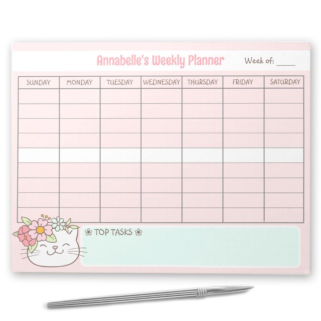 Bloco De Notas Folha de Gato de Gato, Fresco, Frita (Weekly Planner Cute Cat Pink Name Tear Away Notepad)