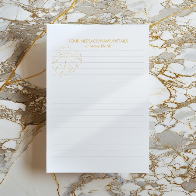 Bloco De Notas Folha de Monstera Dourada, forrada com queijo de o (Minimalist lined notepad with gold monstera header and space for a custom message.)